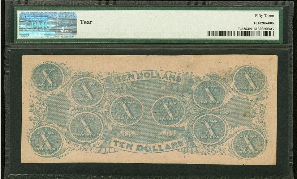 PMG AU53. T-52 1862 Confederate States $10 Civil War Obsolete Banknote Currency - Image 2 of 4