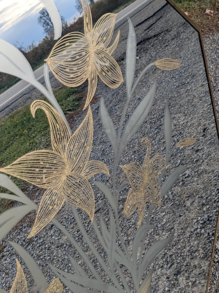Octagon Wall Mirror Etched MCM Art Deco Vintage Floral 80s Mid Century Hollywood
