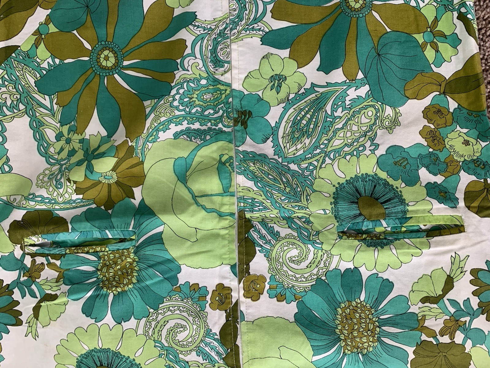 Vtg 60/70s Sears Perma-Prest Green Floral Mod House/Day Front Zip Dress-Size 16