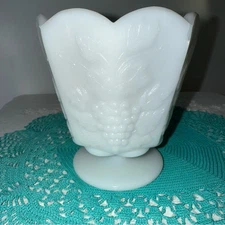 Vintage E.O. Brody White Milk Glass Pedestal Vase with Grape Leaf Design 5 inch