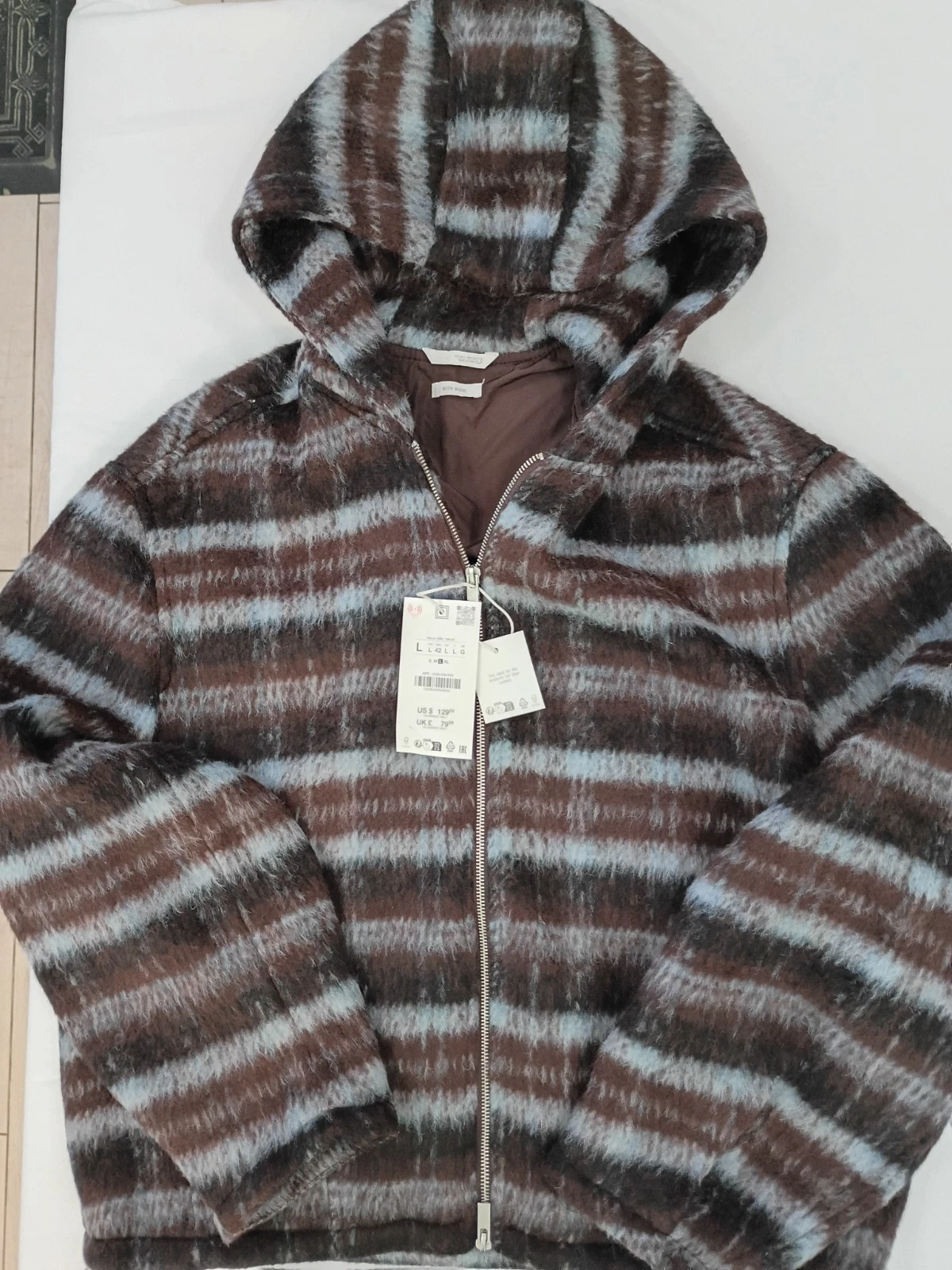 Zara Large/42 Plaid Boxy Fit Jacket Woolen Blend Hoodie in brown-blue.