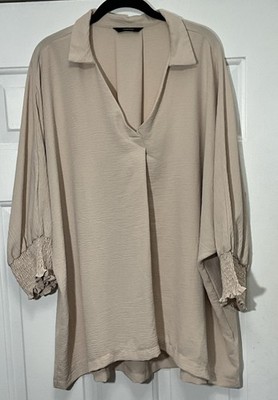 DoKoToo 3/4 Ruffle Sleeve Light Cream/Beige Pullover V-Neck XXL Blouse