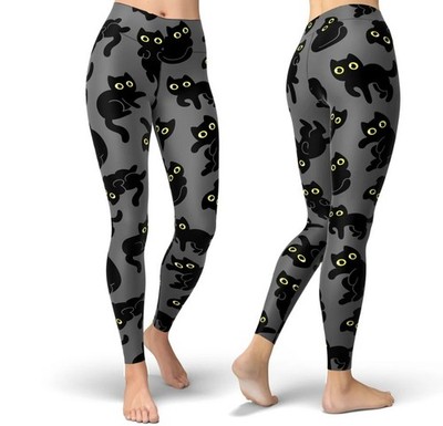 Black Cat Print Leggings: High Waisted Yoga Pants