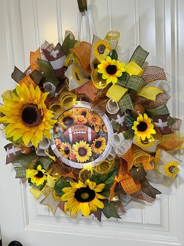 Handmade Football & Sunflower Ribbon Welcome Door Wreath Leaf 22 in LED Fall W3 - Picture 2 of 10