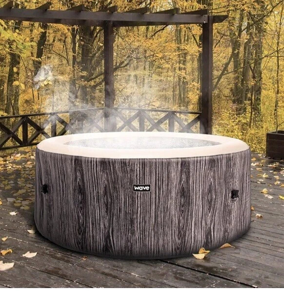 New Wave Atlantic Spa Inflable 4 Personas Redondo Bañera de Hidromasaje Forro Cuerpo Madera Gris