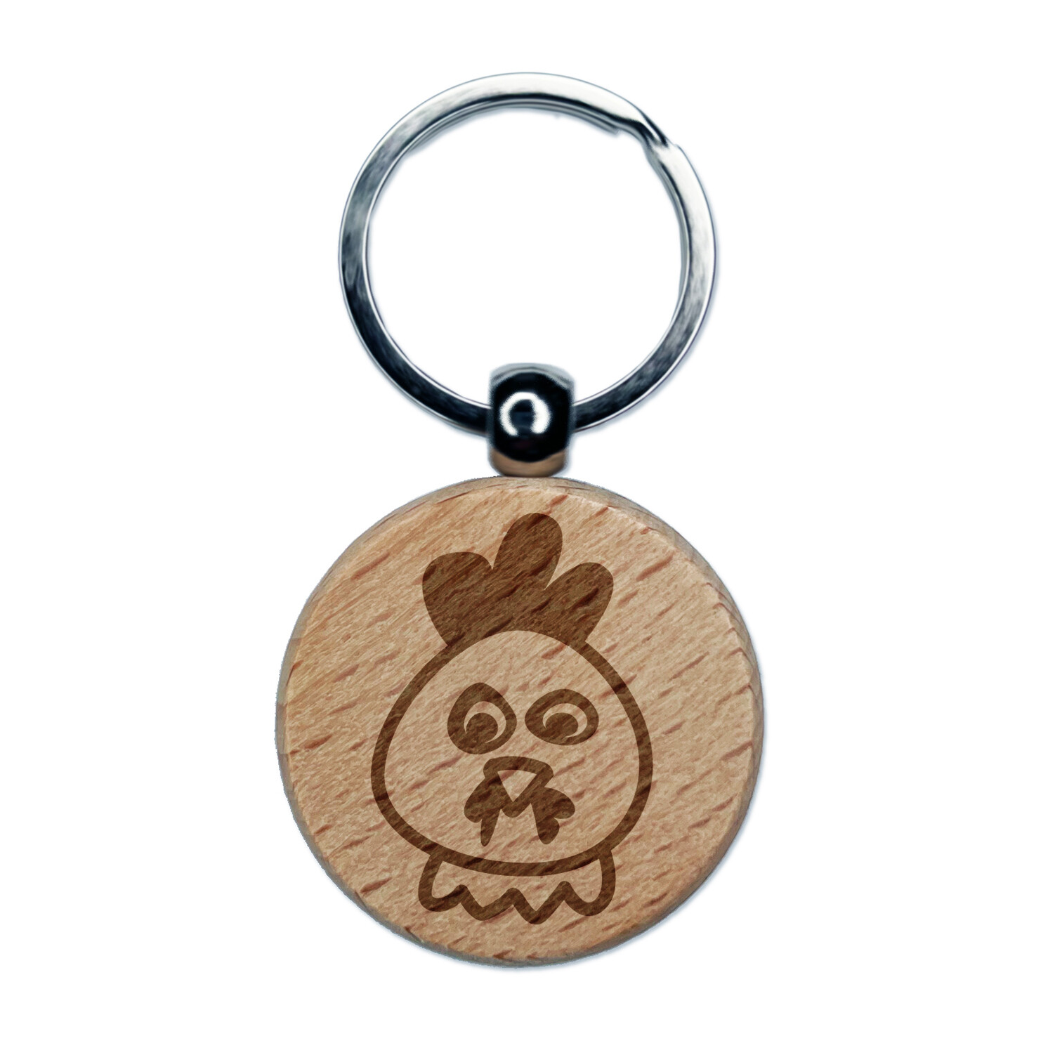 Chicken Rooster Face Doodle Engraved Wood Round Keychain Tag Charm