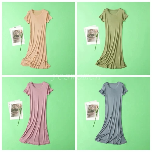 Women Mulberry Silk Long Shirts Short Sleeve Sleep Slips Dress Nightgown T Shirt - Bild 3 von 25