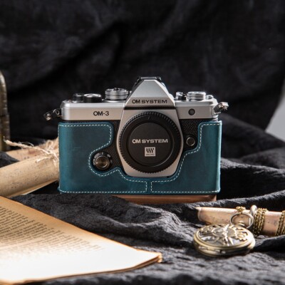For Olympus OM SYSTEM OM-3 Blue Genuine real Leather Half Camera Case Bag Cover