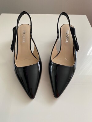 New Women's Authentic Prada Fabulous Logo Patent Leather Slingback Pump Blk 37