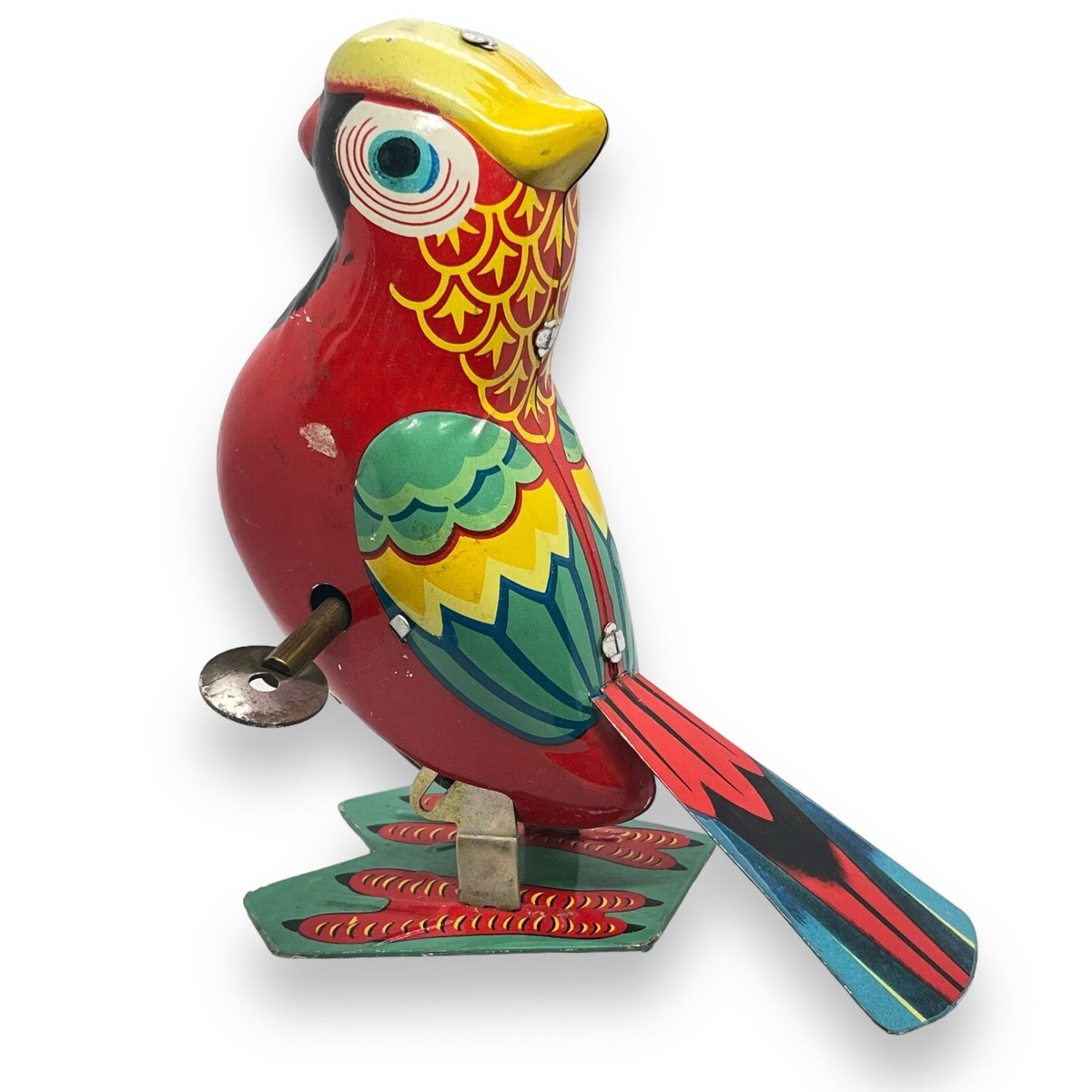Vintage Walking Wind-Up Tin Bird Parrot Toy 1970's Missing Winding