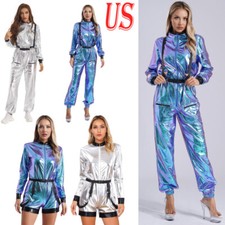 Women Astronaut Cosplay Costume Shiny Metallic Mock Neck Long Sleeve Bodysuit