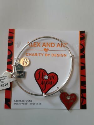 Alex and Ani RED HEART I Love You Shiny Silver Bangle New W/ Tag Card 