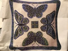 Blue Butterflies Needlepoint Pillow Kit Columbia Minerva Vintage