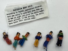 6 Guatemalan Worry Dolls 1" Tiny Figures Chip Wood Box 2"
