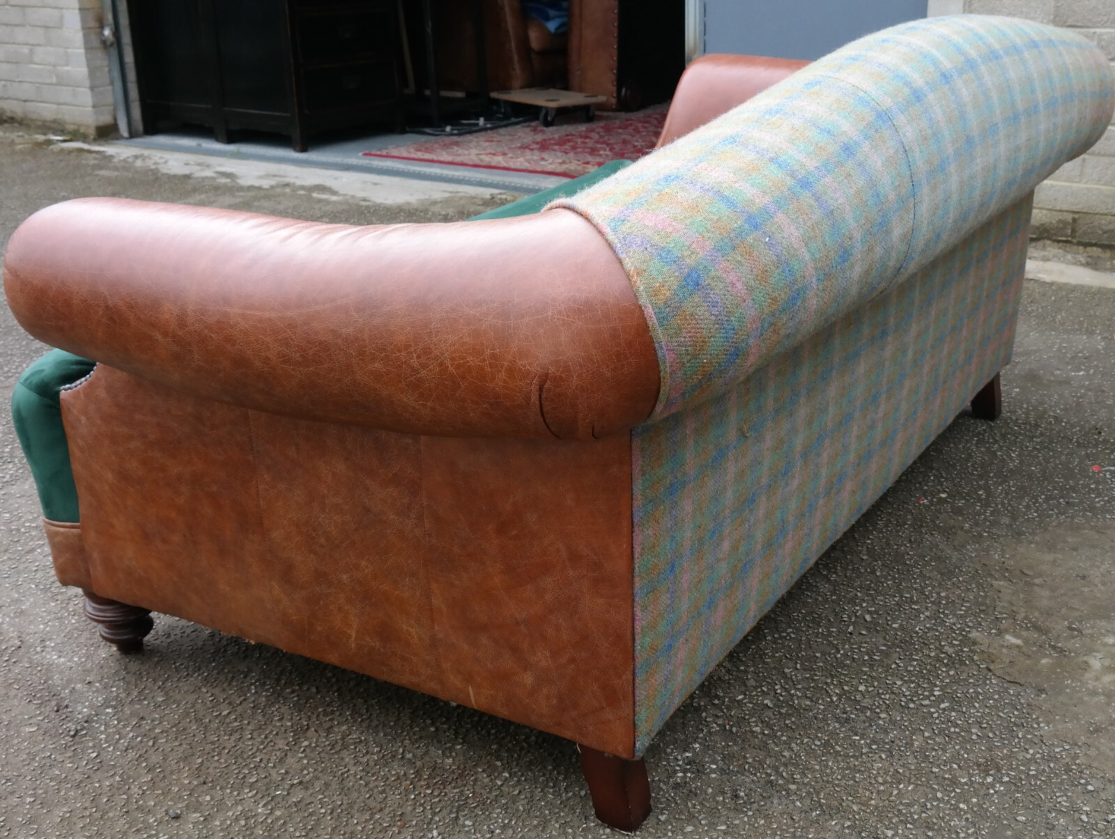 Superb Tetrad Taransay Leather Harris Tweed 2 seater Club sofa Tan