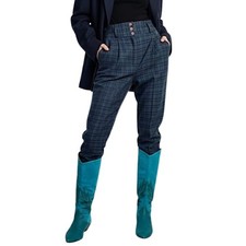 Vintage 80s 90s wool blend blue grey plaid check high rise tapered trousers 36