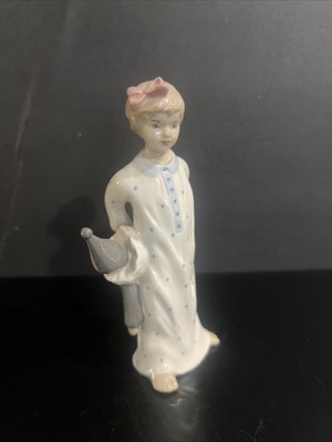 1990s Royal Dux Bohemia Porcelain Girl in Nightgown Figurine holding Clown Doll