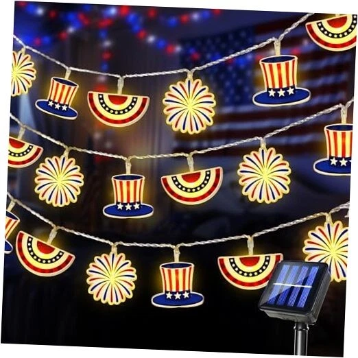 Decorations Outdoor Solar Lights, 10Ft 20 LED American Fan Flag Top 4th of July