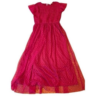 Mine S Red Swiss Dot Tulle Maxi Dress Smocked Flutter Sleeve Cottagecore Girlie
