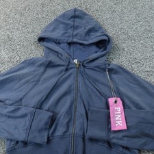 NEW PINK Victorias Secret Hoodie Womens L Blue Full Zip Dog Sweatshirt Crop Y2K