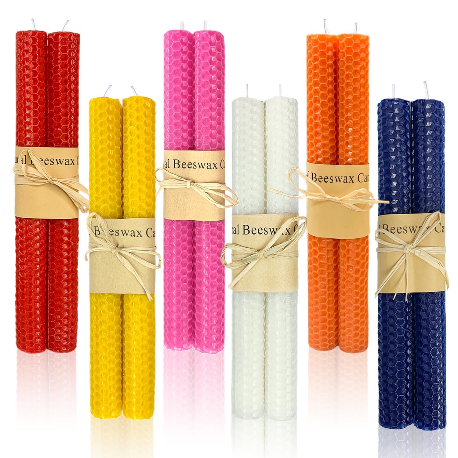 12 Pack Handrolled Beeswax Taper Candles, 9" Long Candlestic