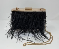 Olga Berg Estelle Feather Clutch Gold Structured Frame Black Ostrich Bag NWOT
