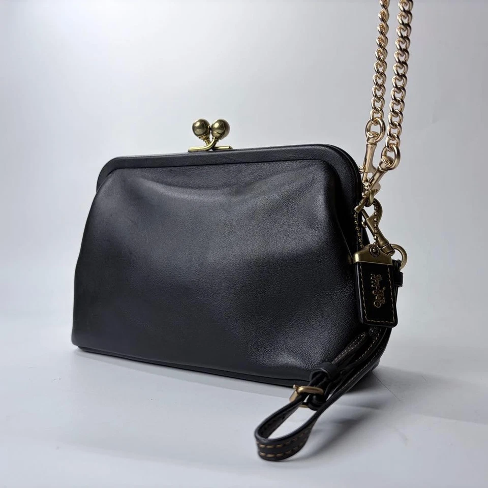 ТРЕНЕР 68327 винтажный поцелуй замок наплечная сумка мешок клатч кожи черная цепочка - Изображение 2 из 4