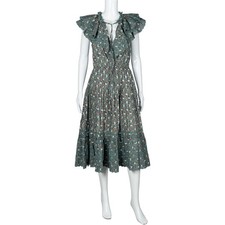 ULLA JOHNSON Green Cotton Floral Midi Sleeve Less Dress Size M