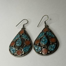 Southwestern Teardrop Turquoise Coral Dangle Earrings Bohemian Handmade 2in
