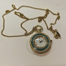 MMA Green Guilloche Enamel Seed Pearl Pocket Watch Pendant Necklace Quartz