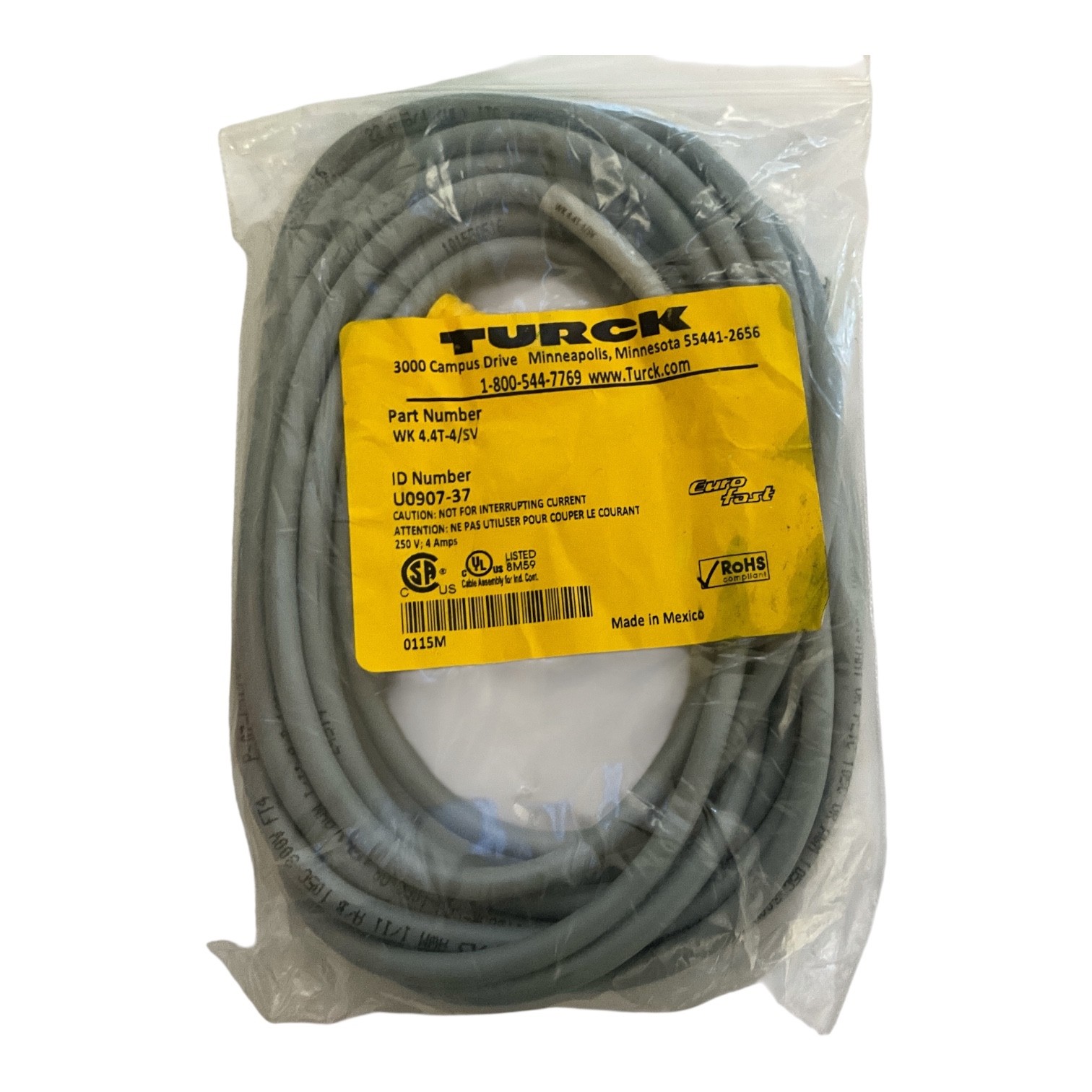 Turck WK 4.4T-4/SV U0907-37 M12 4-Pin Female Right Angle Cordset 4M NOS