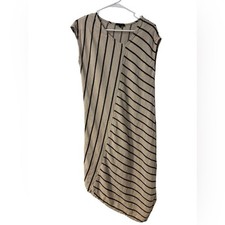 For Cynthia Asymmetrical Beige & Black Linen Blend Coastal Boho Midi Dress Med