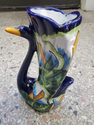 Hand Painted Blue Swan Vase Neck Beak, And Tail Glazed Vintage