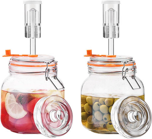 1L Square Fermentation Jar Kit with Airlock and Weights, 2 Pack, Lead-Free Glass