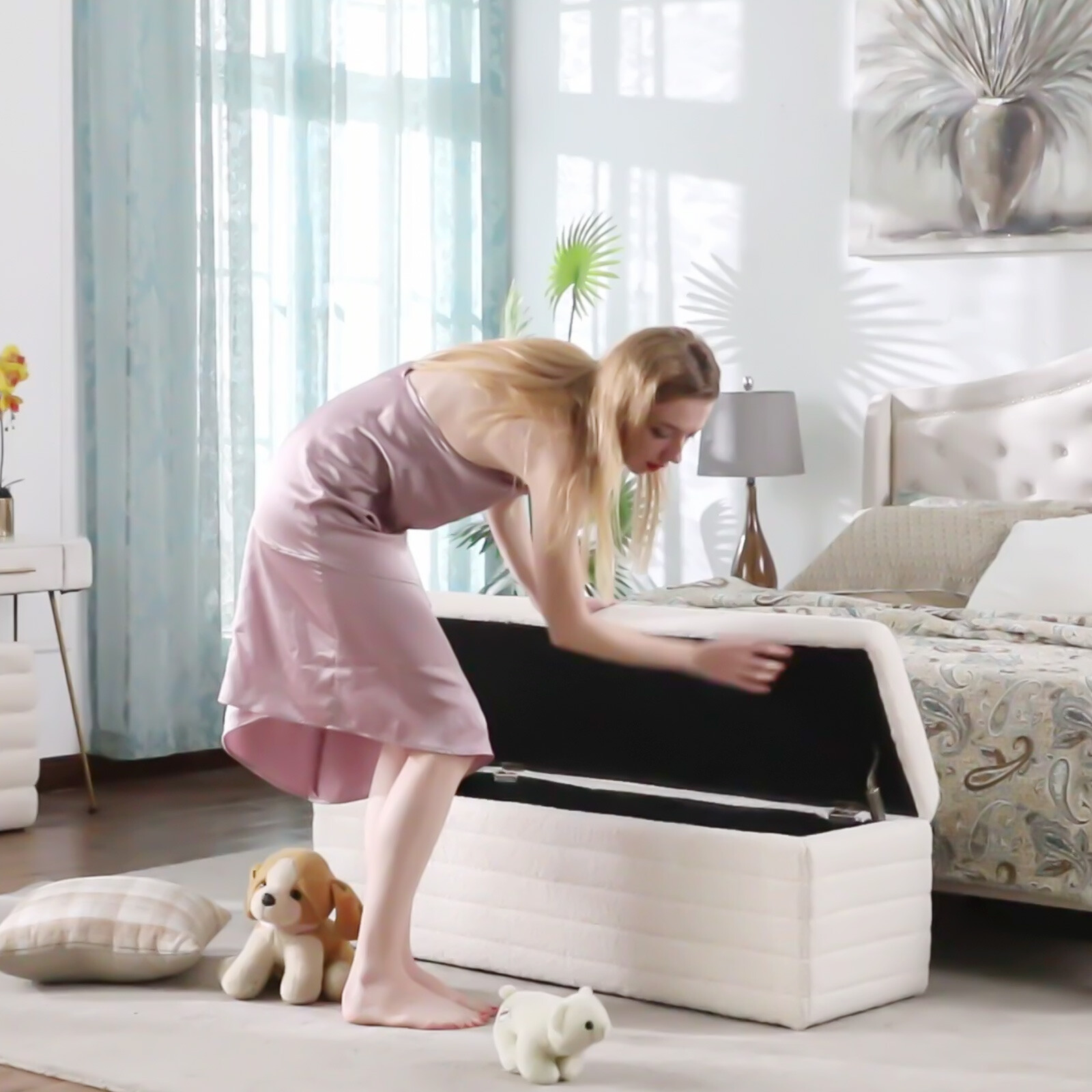 45.5” Teddy Fabric Modern Storage Ottoman Upholstered Bedroom Entryway Bench US