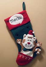 Cat Christmas Stocking Felt Red Green Meow Paws Santa Hat Candy Cane Tail