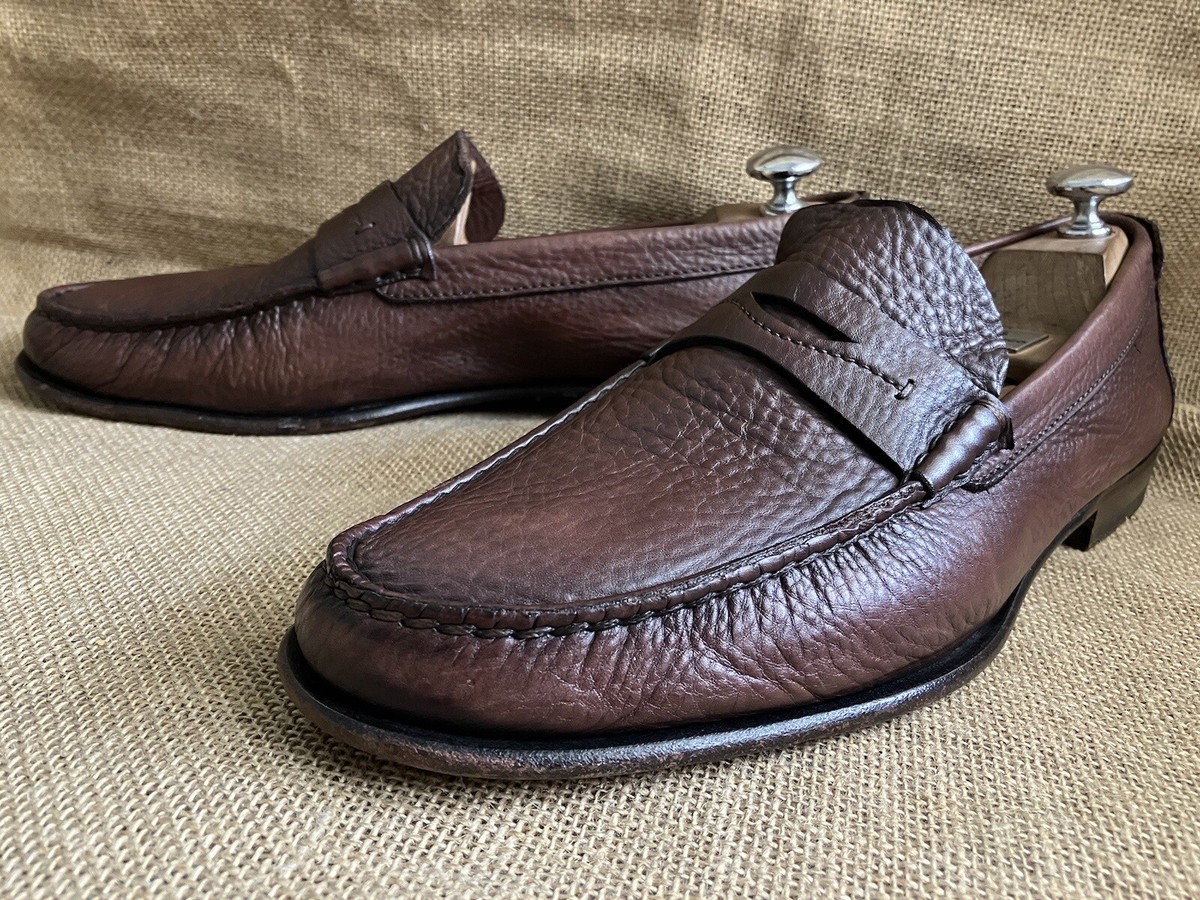Santoni Brown Pebbled Leather Penny Loafers Men’s Size 11 Made in Italy Paine Plain Strap Loafer – M. Dumas and Sons main image 2