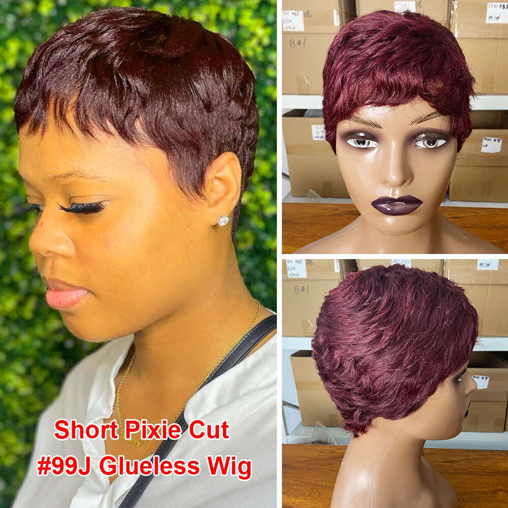 99J Pixie Cut Wigs Sexy Burgundy Red Real Human Hair Wigs  display picture 3