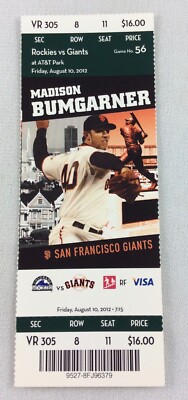MLB 2012 08/10 Colorado Rockies at SF Giants Full Ticket-Tyler Chatwood WP