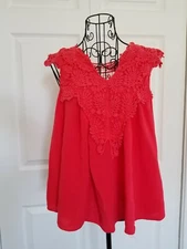 San Joy Sleeveless Top Coral V-neck w/ Open Lace Work Womens Size S