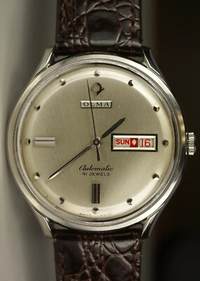 Rare Vintage OLMA Automatic 41 Jewels Day Date 37mm Swiss Made