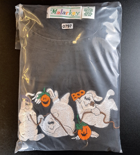0797 - VTG Malarkey Medium 100% Cotton Black Boo Embroidered Ghosts Long Sleeve - Picture 14 of 14