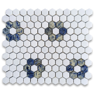 T31F16XP Thassos White Marble Hexagon Rosette Mosaic Tile w/ Azul Macaubas Blue