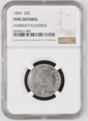 1835 25C Capped Bust Quarter Silver Coin, F Details "Harshly Cleaned" NGC