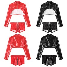 Men Shirt With Hot Pants Nightclub Crop Top And Shorts Glossy Lingerie Set Suit