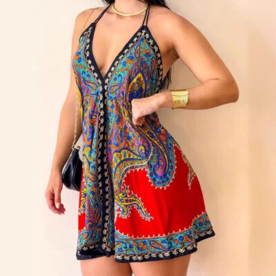 Vintage print V-neck dress for Christmas | eBay