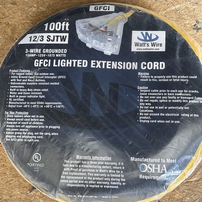 Whatts Wire. 12/3 SJTW, GFCI Lighted Extension Cord. 15amp, 125v. 100ft. New.