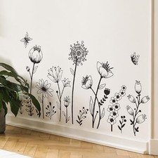 Simple Boho Black Flower Wall Decals - Modern Floral Wildflower Wall Art