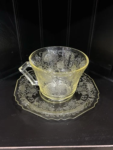Vintage Hazel Atlas Florentine Yellow Depression Glass Teacup and Saucer Set