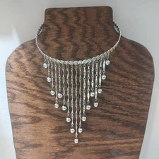 Statement Choker Bib Necklace Silver Tone Waterfall Fringe Adjustable Glam 